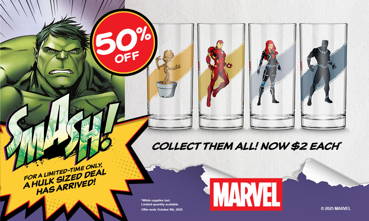 Marvel Glasses 50% off (now $2/each)
